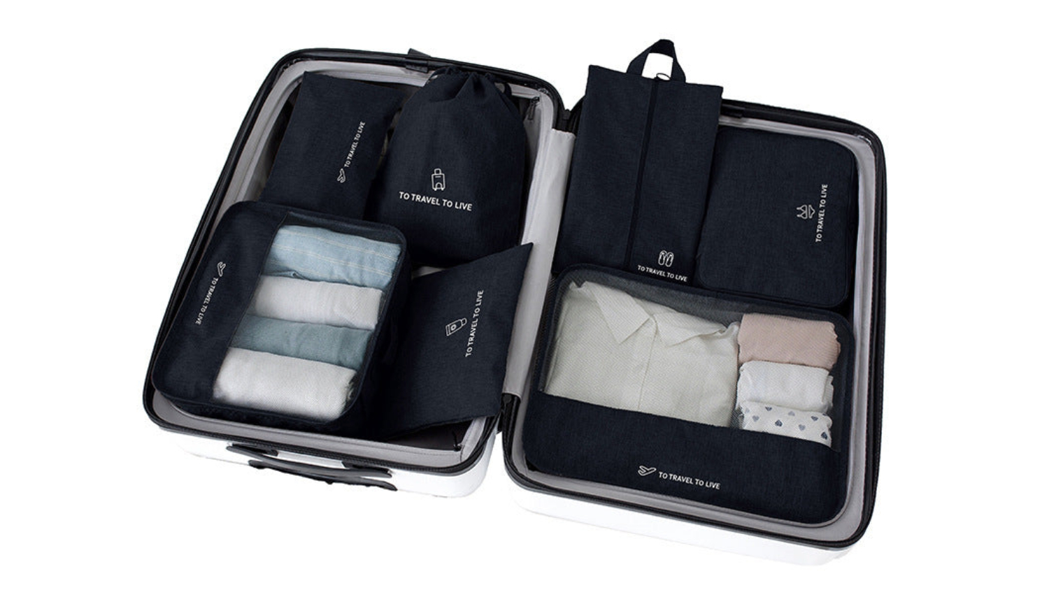Full set of luggage organiser pouches neatly packed into an open suitcase