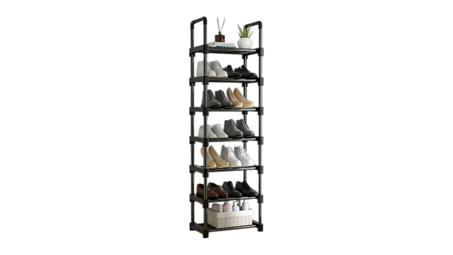 Tall black 7-tier shoe shelf holding sneakers, heels, and a basket of cleaning supplies