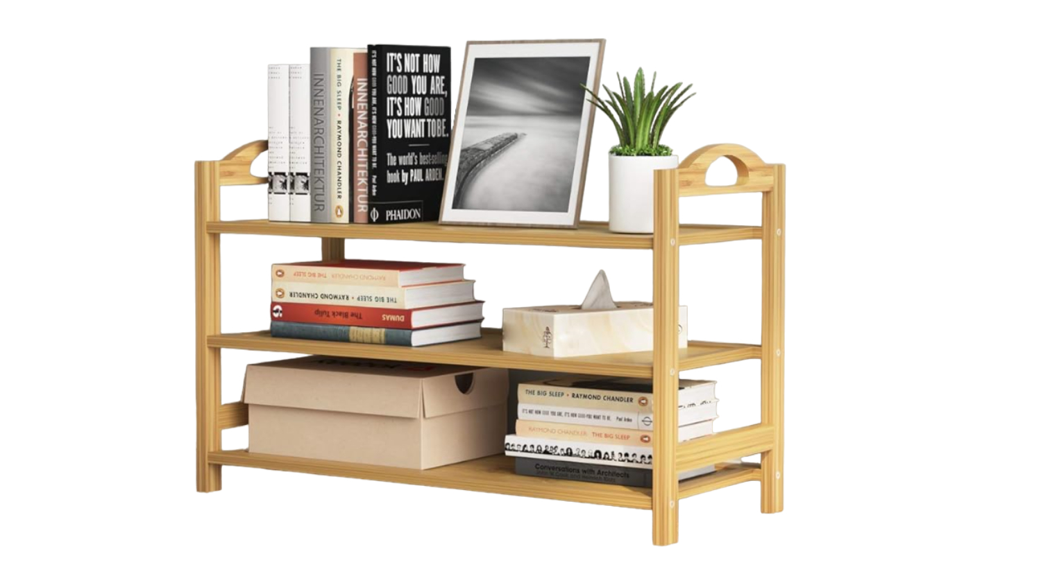 Three-tier bamboo shoe rack holding books, framed photo, potted plant, tissue box, and storage boxes