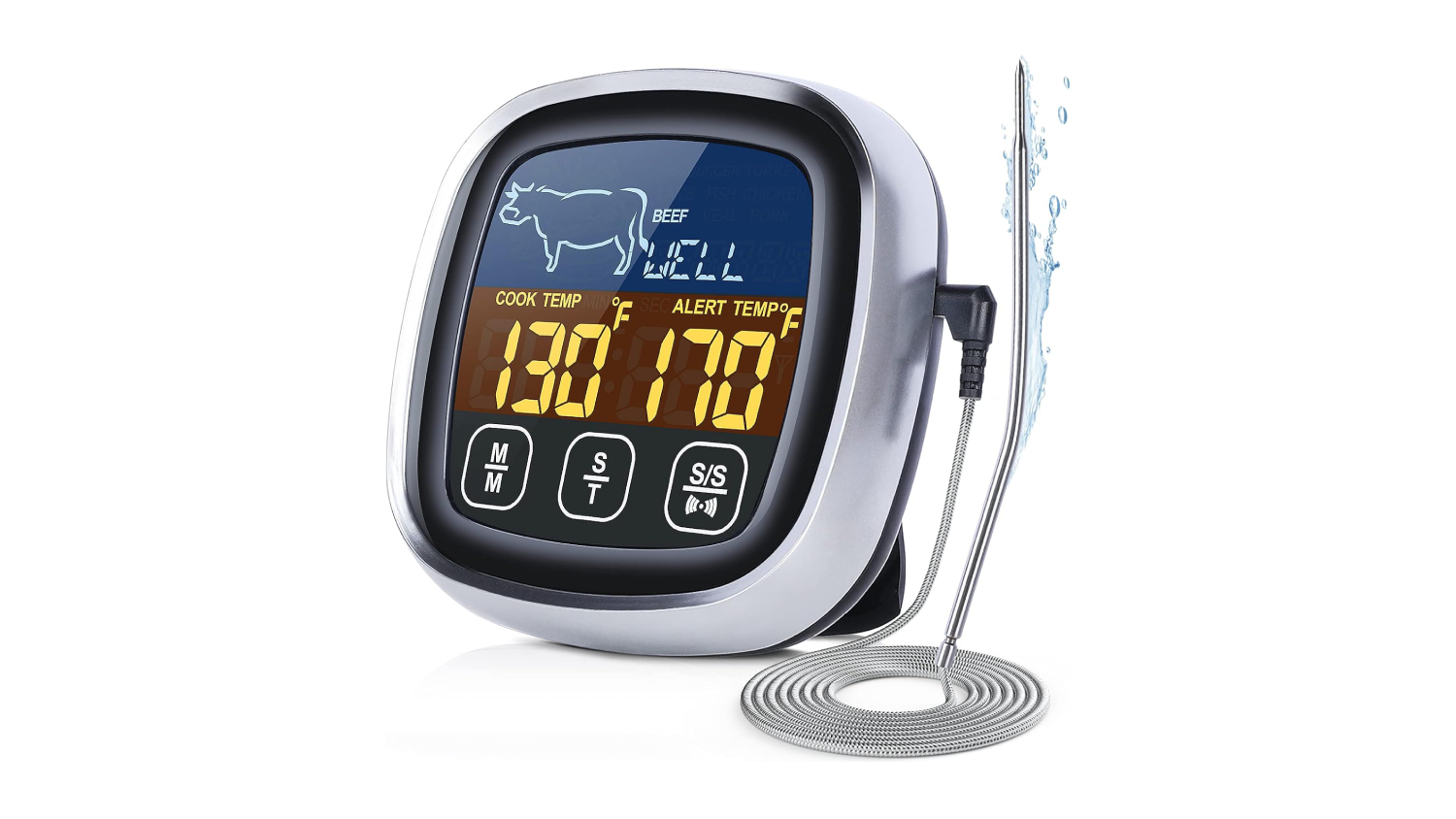 Kmall meat thermometer with touchscreen display showing beef cooking temp 130°F and alert temp 170°F