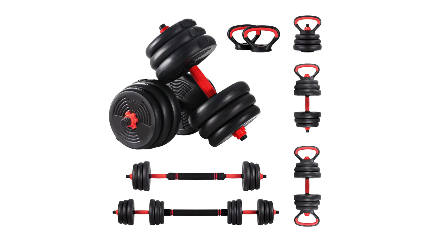 Black and red adjustable dumbbell set with plates, barbell connector, kettlebell handles, and push-up grips