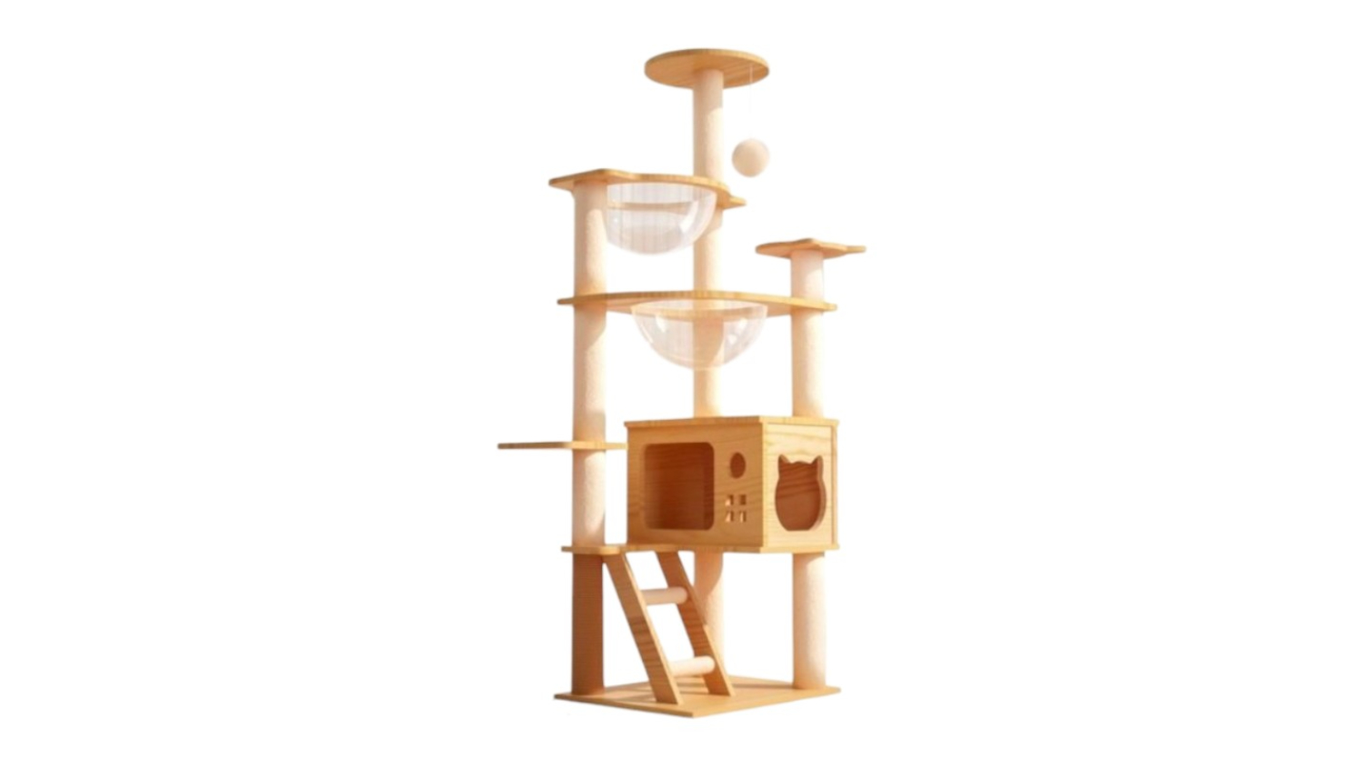 A front view of a cat tree with space bowls, hides, and pompoms