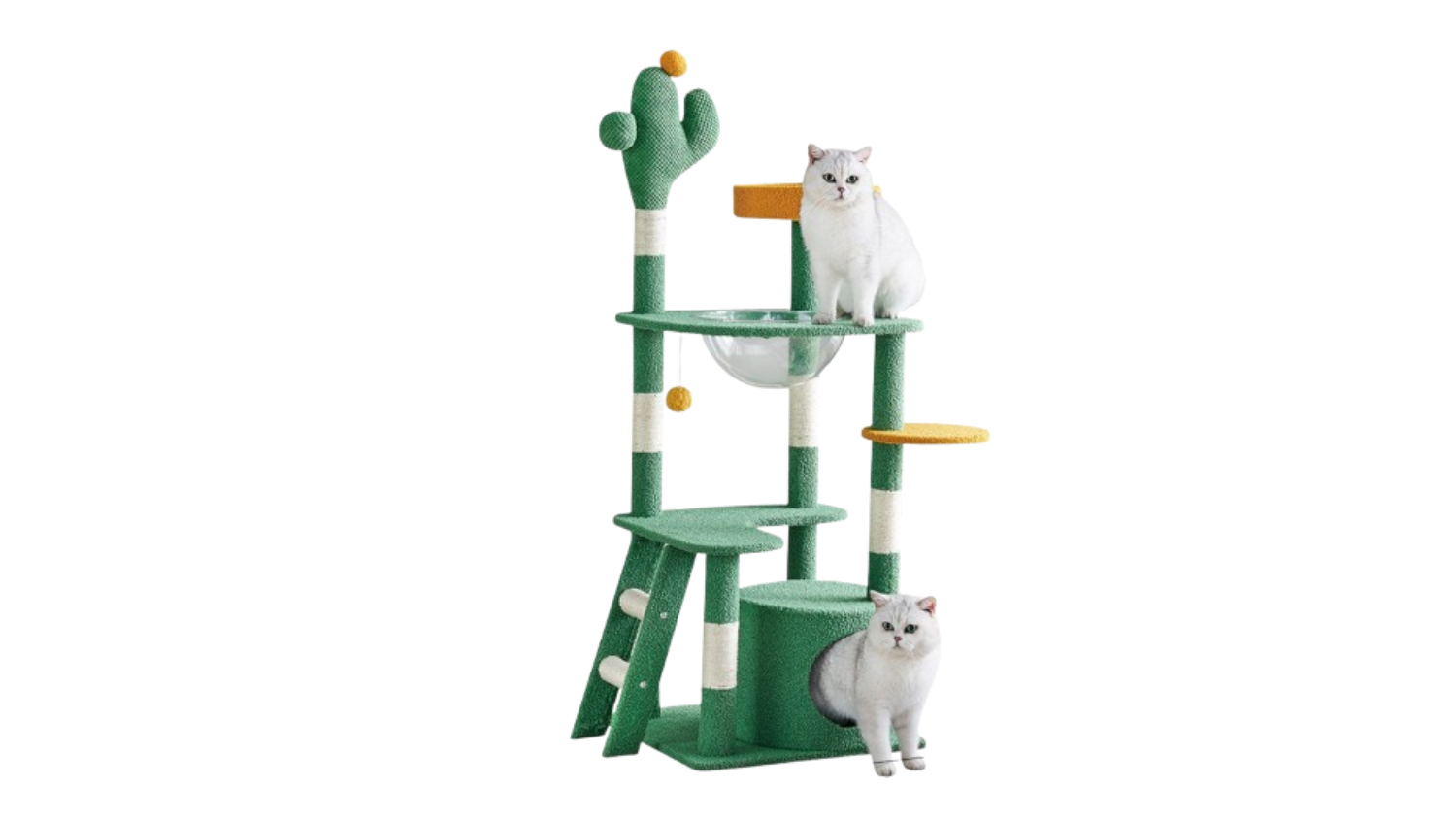 An angled view of a cactus cat tower 