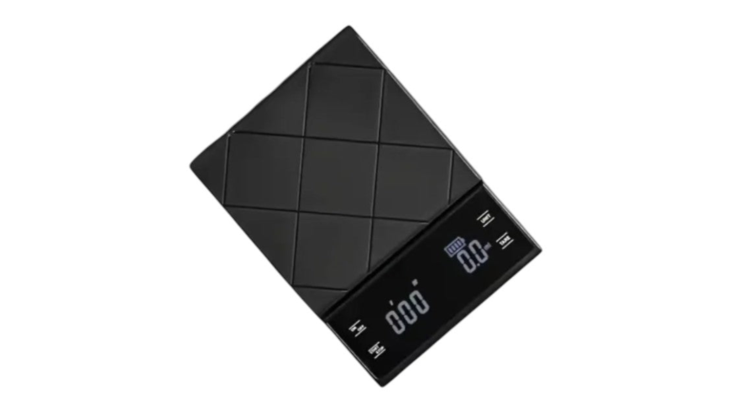 A top-down angle of a black kitchen scale