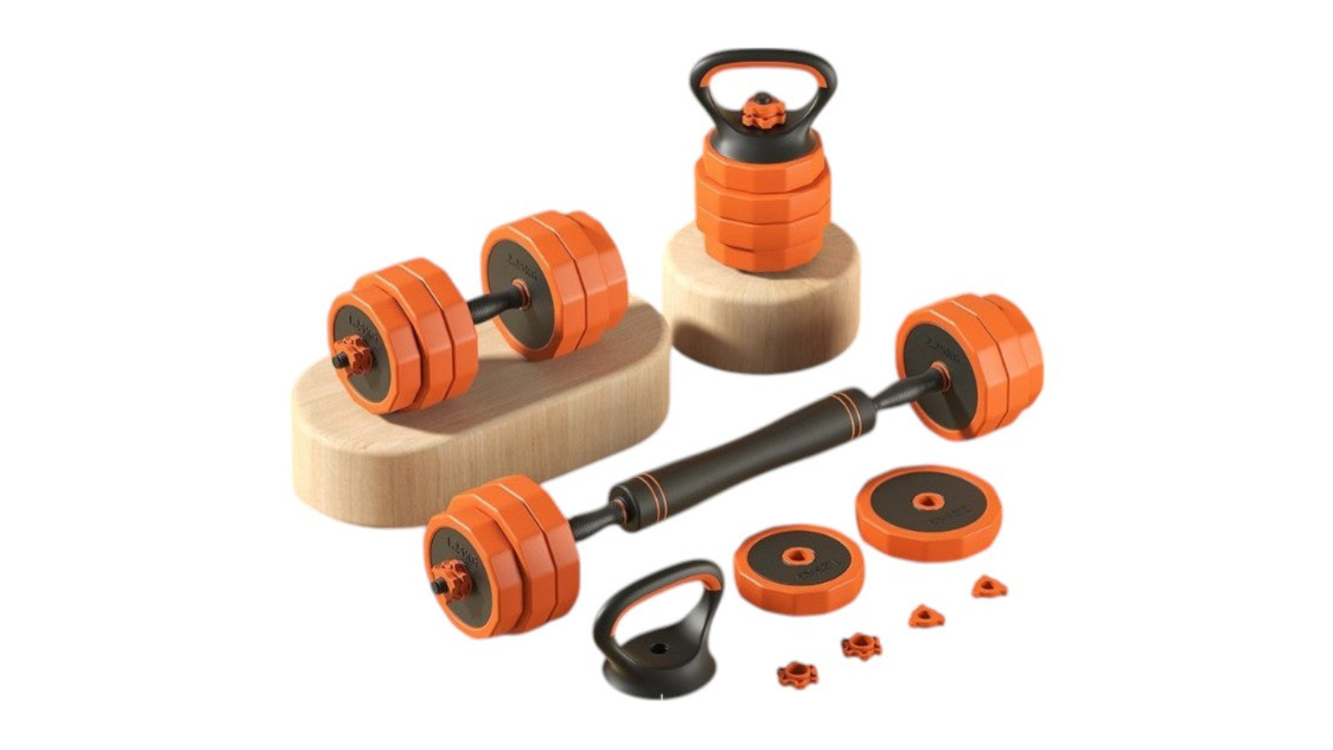 Orange and black adjustable dumbbell set with connecting bar, plates, and kettlebell handle on wooden blocks
