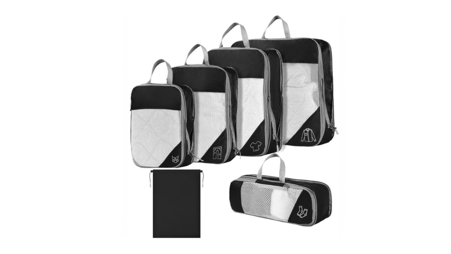 A full set of 6-piece black compression packing cubes in various sizes