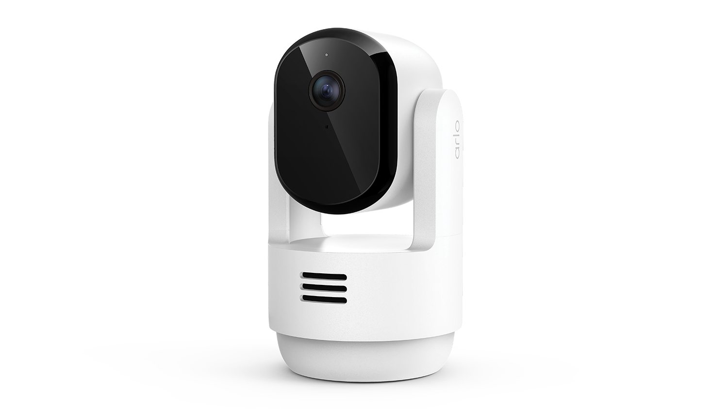A white Arlo indoor security camera with a swivel base and a black lens