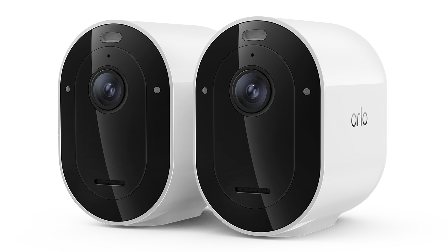 Two Arlo Pro Security Cameras with a black lens and a glossy front panel