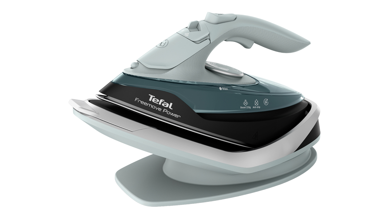 A Tefal Freemove Power Cordless Steam Iron in a stylish eucalyptus finish