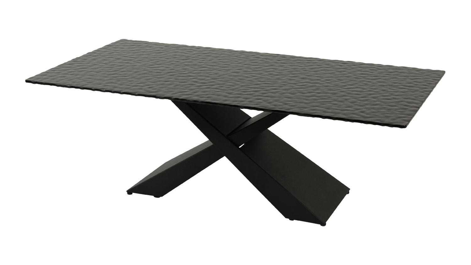 Rectangular Lumicera coffee table with a rippled black glass top and bold X-shaped black metal base