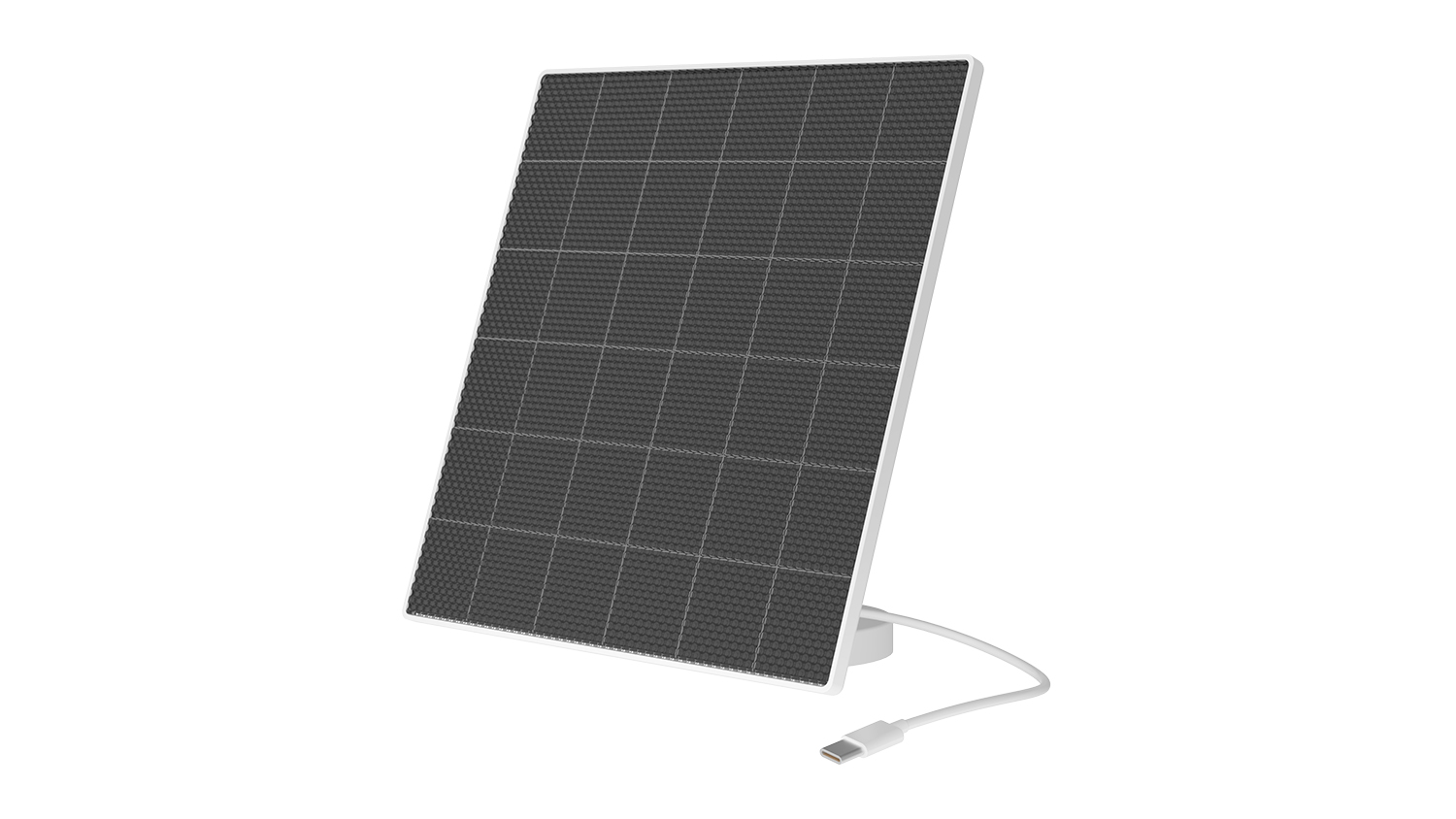 Angled view of the square solar panel with a white frame and USB charging cable
