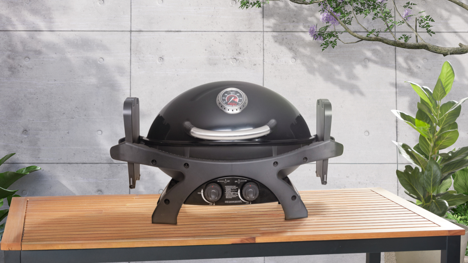 Ziggy Classic 2 Burner Gas BBQ shown on a wooden table with fold-out side shelves