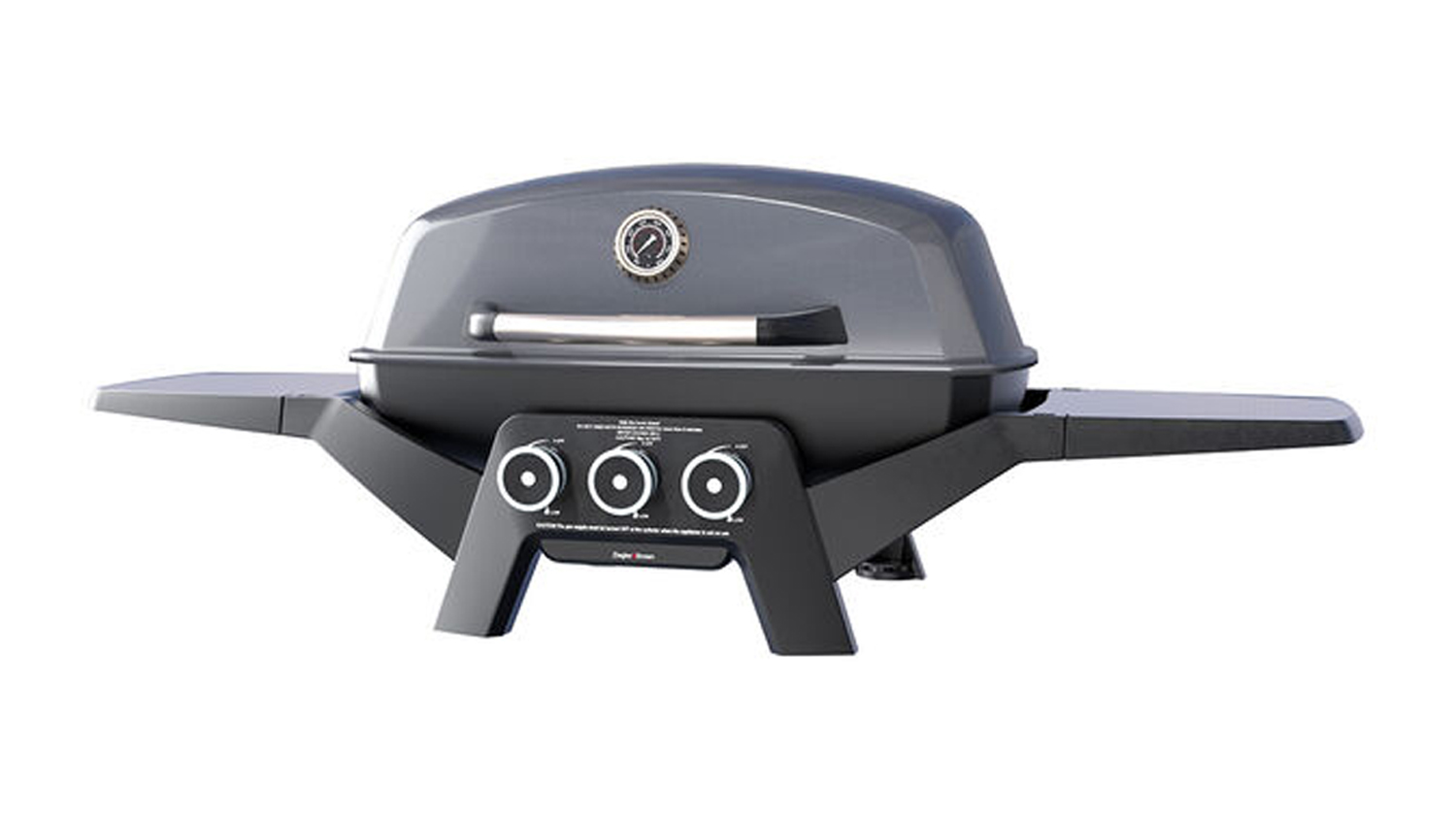 Ziggy Elite 3 Burner Gas BBQ in gunmetal grey finish, featuring a high hood with built-in thermometer, control knobs