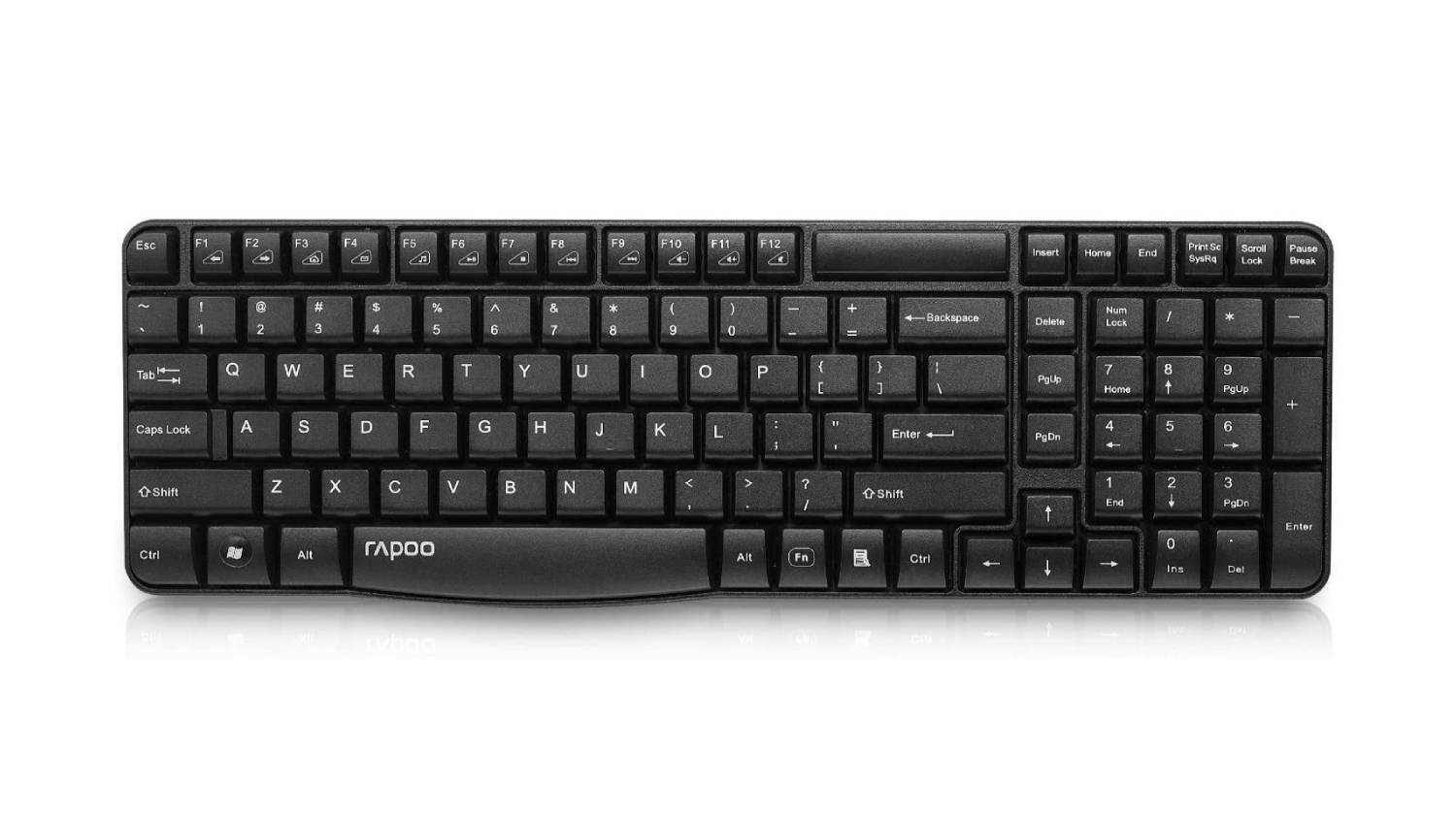 A compact, full-sized, black wireless keyboard is shown from a direct top-down view
