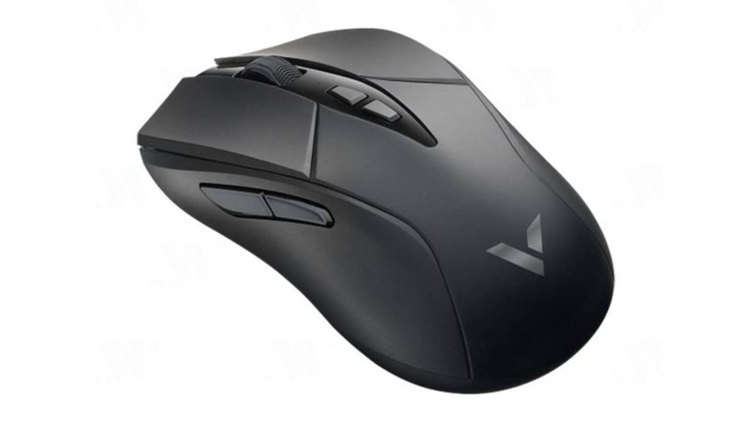 A sleek, black wireless gaming mouse with a slight ergonomic curve is shown from a top-down angle