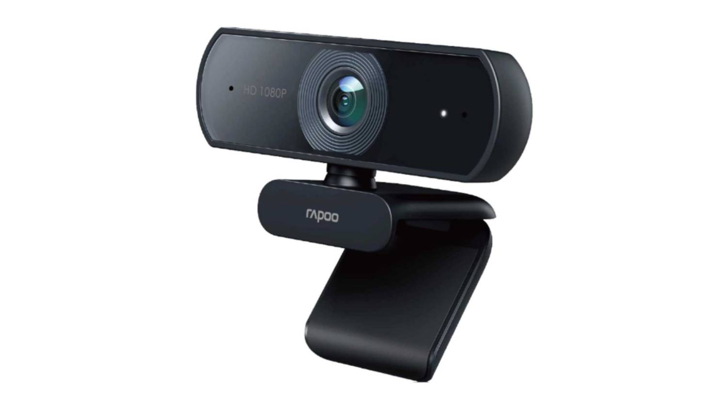 A black, horizontal bar-shaped webcam with a centrally placed lens is shown on its monitor-mounting clip