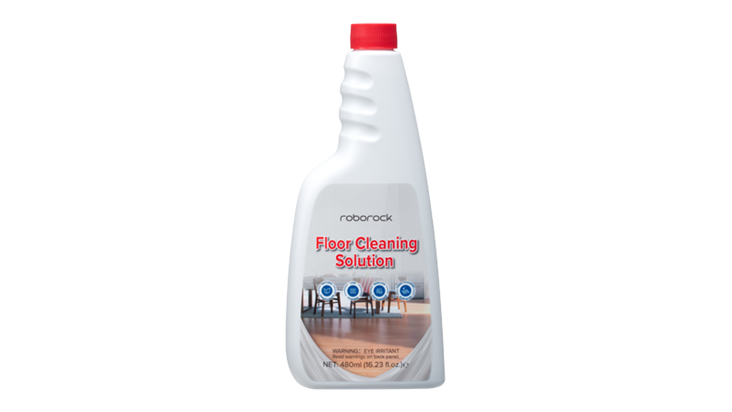 Front view of the white bottle of Roborock Floor Cleaning Solution 480ml with a red cap