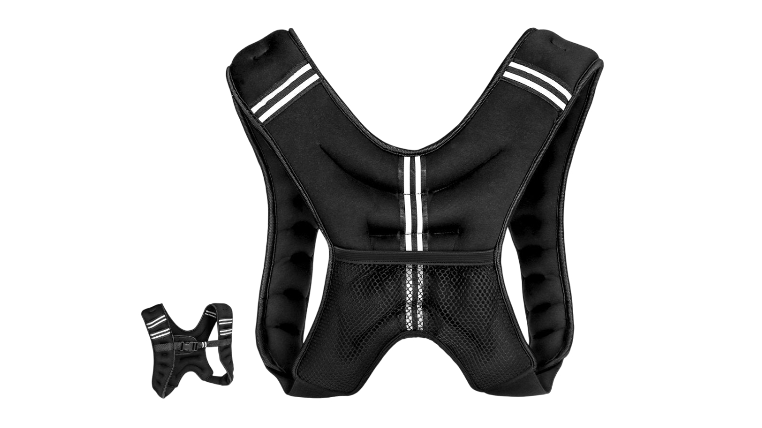 Black weighted fitness vest with reflective stripes and a mesh back pocket for extra storage