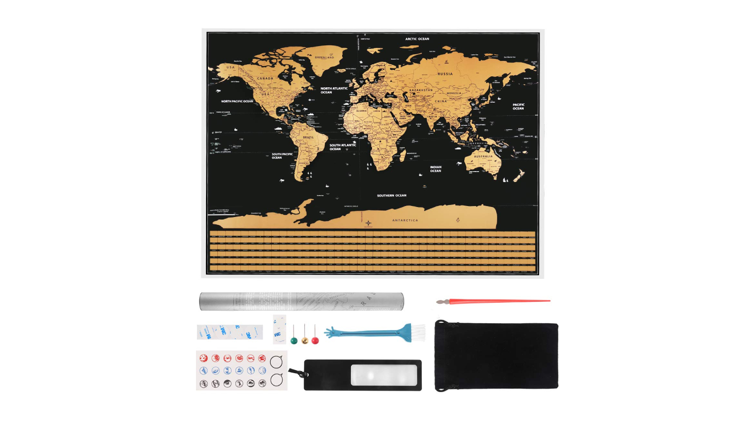 Scratch-off world map with accessories including scratch pen, pins, magnifier, and storage pouch
