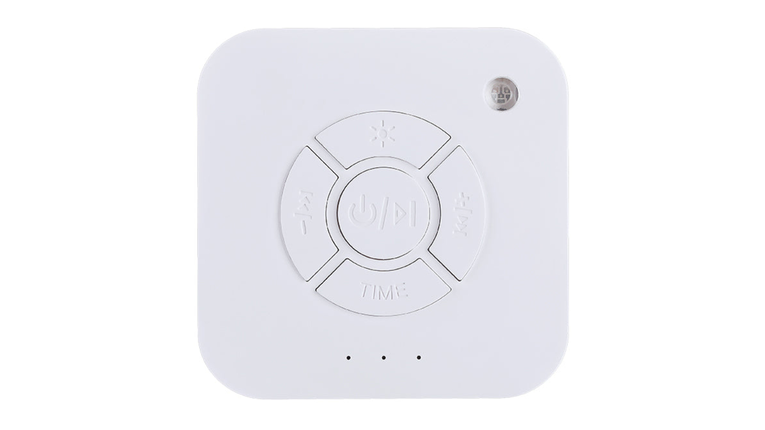 Square white noise machine with central power button and surrounding control icons