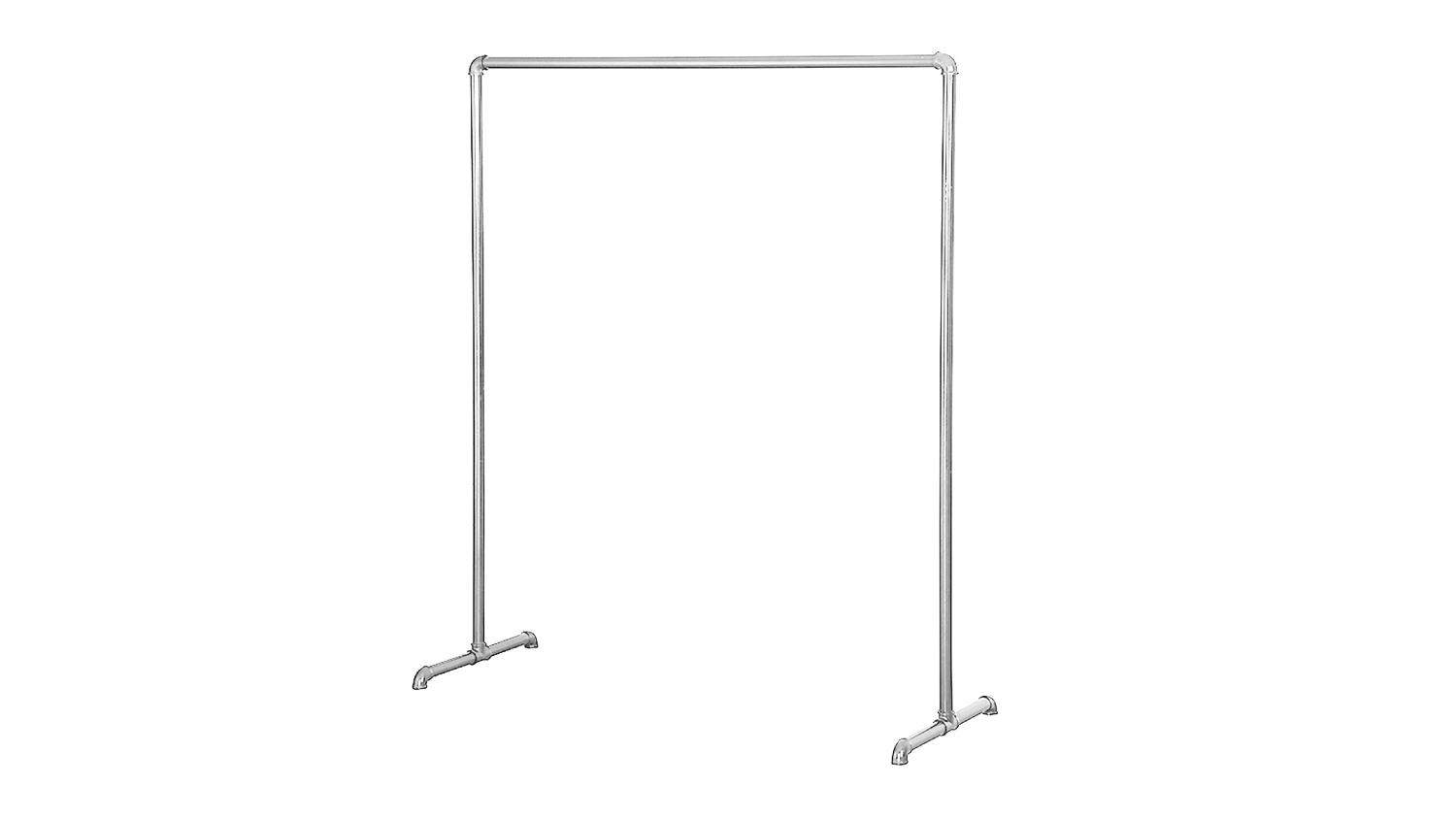 Freestanding garment rack made of silver metal pipes with a minimalist industrial design