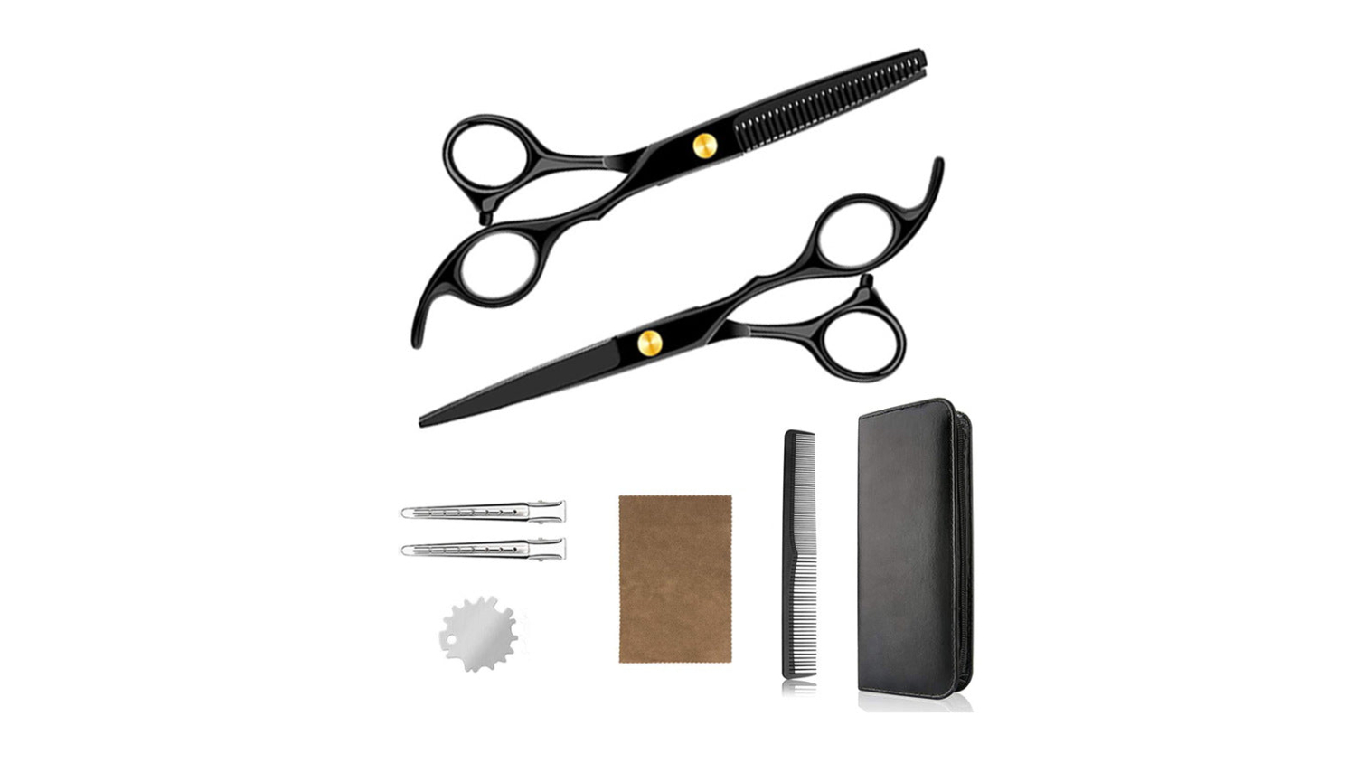 Hairdressing set with two scissors, a comb, clips, a cleaning cloth, a screw tool, and a storage case