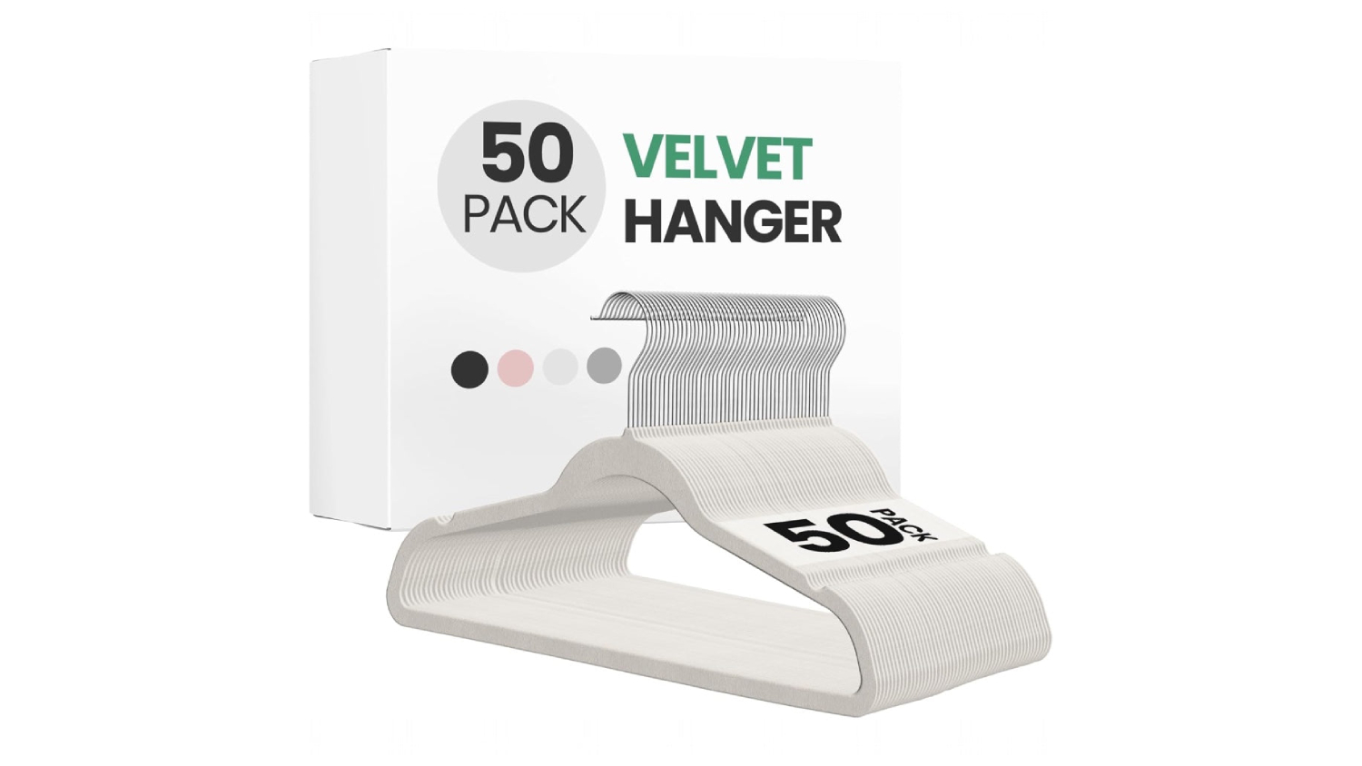 A side-by-side view of a 50-piece hanger and its packaging