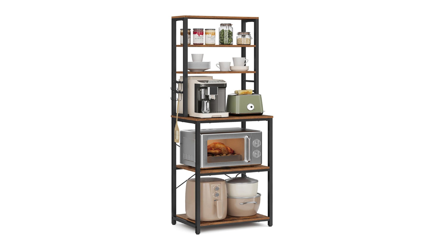 A five-tier rack fully stocked with kitchen appliances, dishes, and pantry items