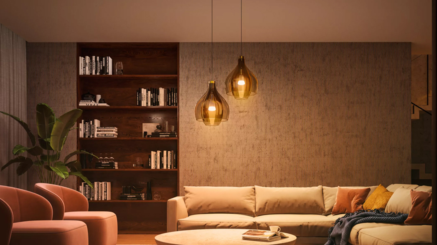 Stylish living room with Philips Hue pendant lights and warm ambiance