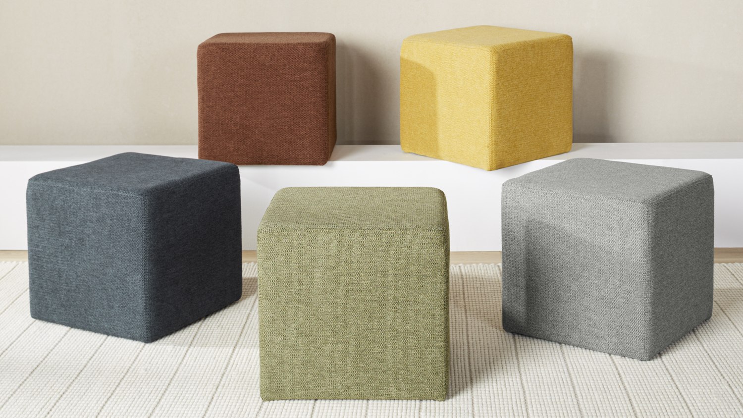 Polar Square Fabric Foot Stool with a simple cube shape and smooth, upholstered finish