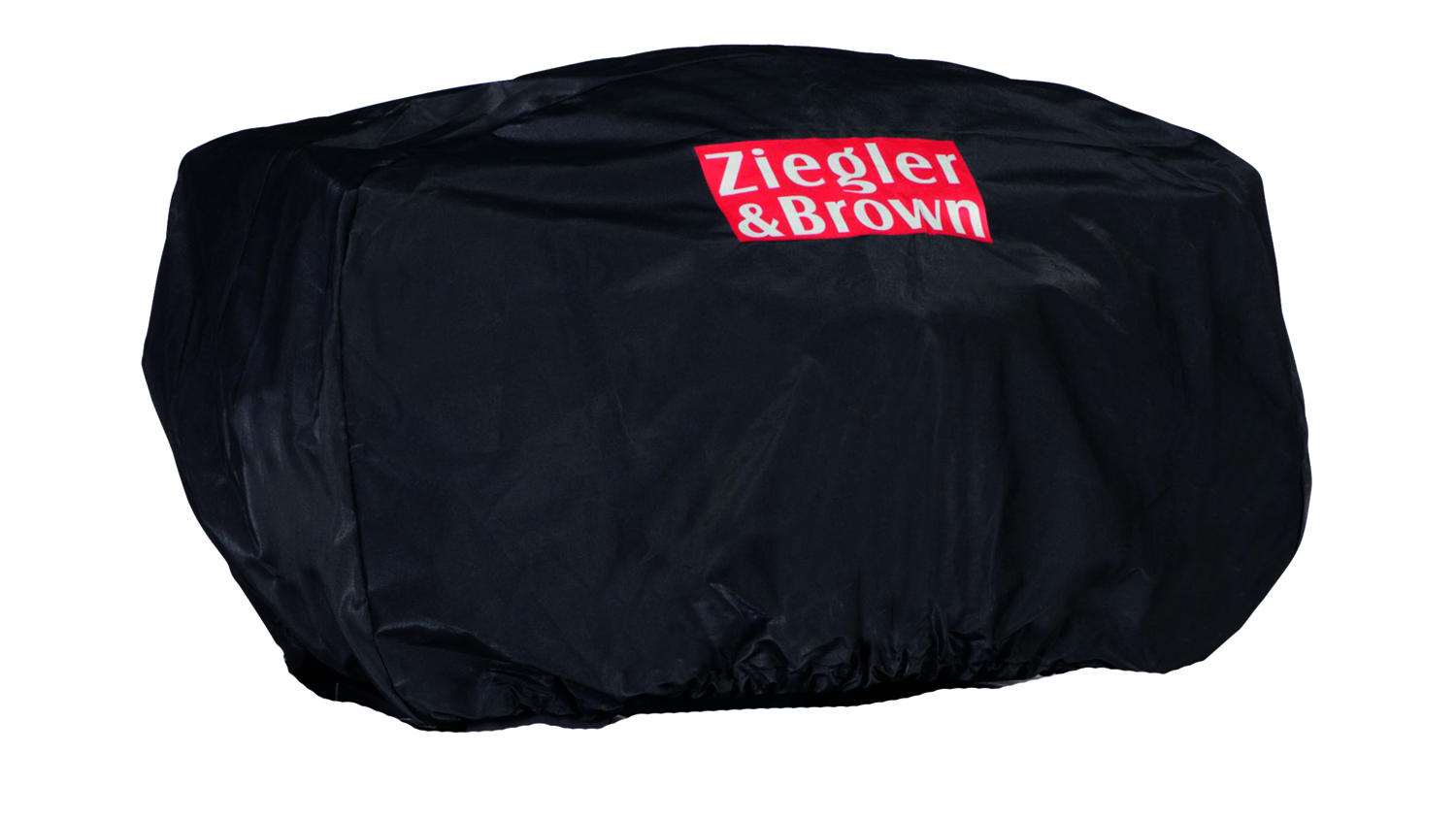 Black BBQ cover with Ziegler & Brown logo in red featuring elastic edges for a snug fit and weather-resistant material
