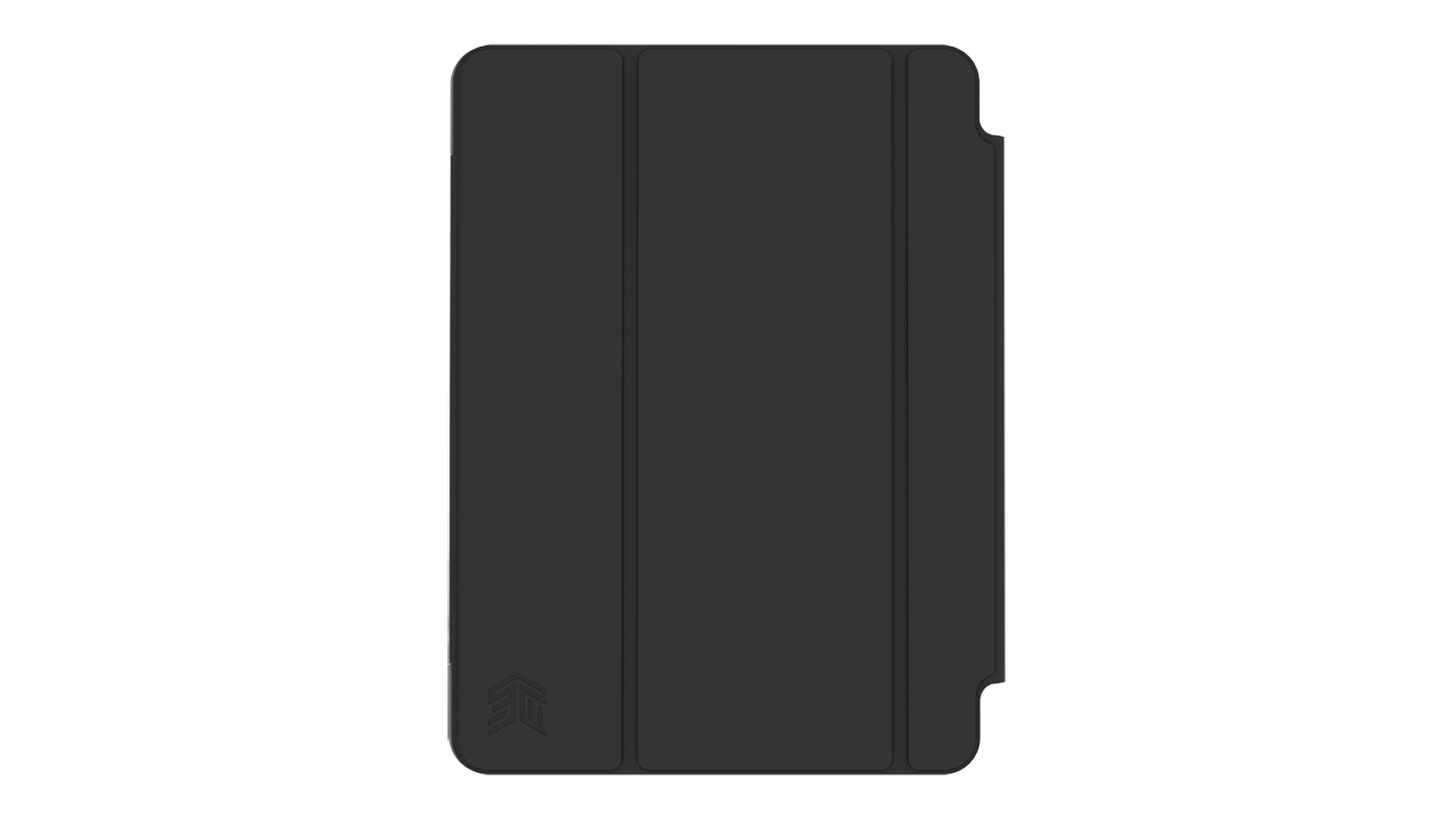 Front view of the STM Studio Case in black, showing the tri-fold cover design