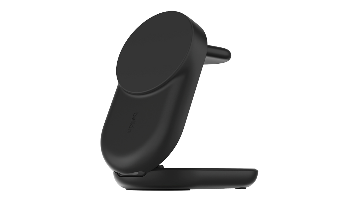 Side view of the Belkin UltraCharge 25W 3-in-1 Foldable Magnetic Wireless Charger in black, shown partially open