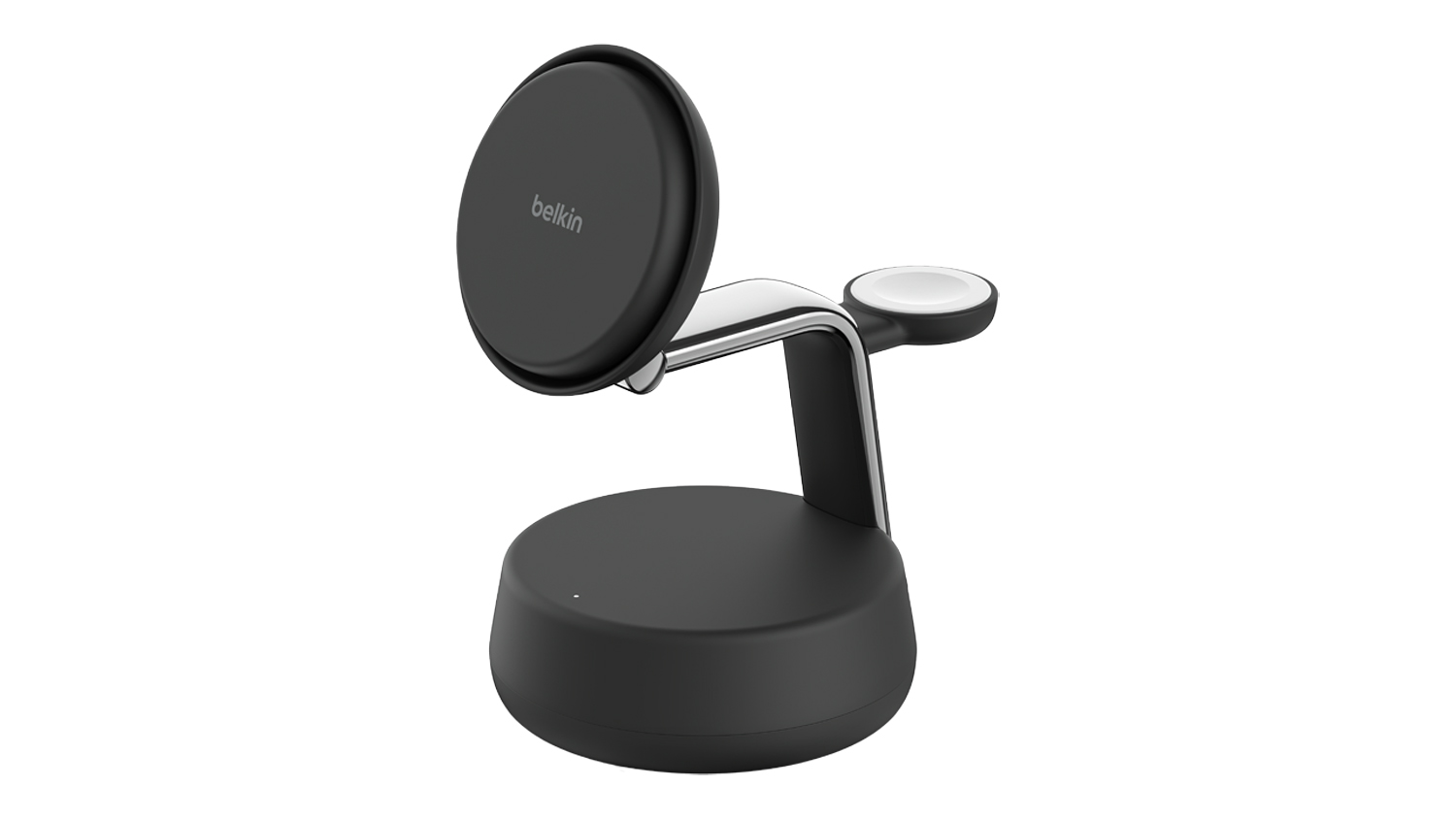 Belkin UltraCharge Pro 3-in-1 Magnetic Wireless Charging Dock in charcoal colour, featuring a round phone charging pad