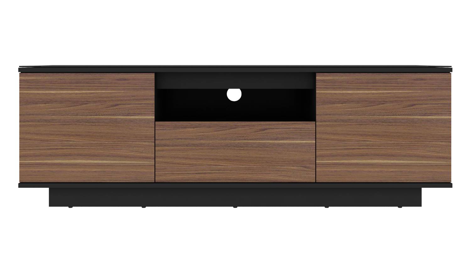 Front view of the AVS 1.5m Cabo TV/AV Entertainment Centre Cabinet in black and Bavarian walnut finish