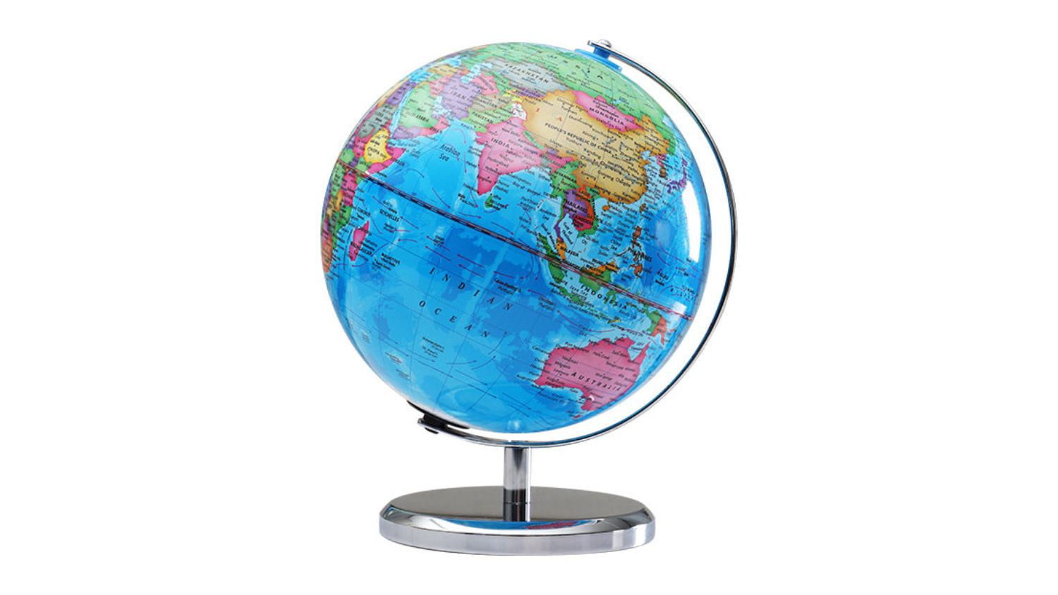Colourful world globe on a silver stand