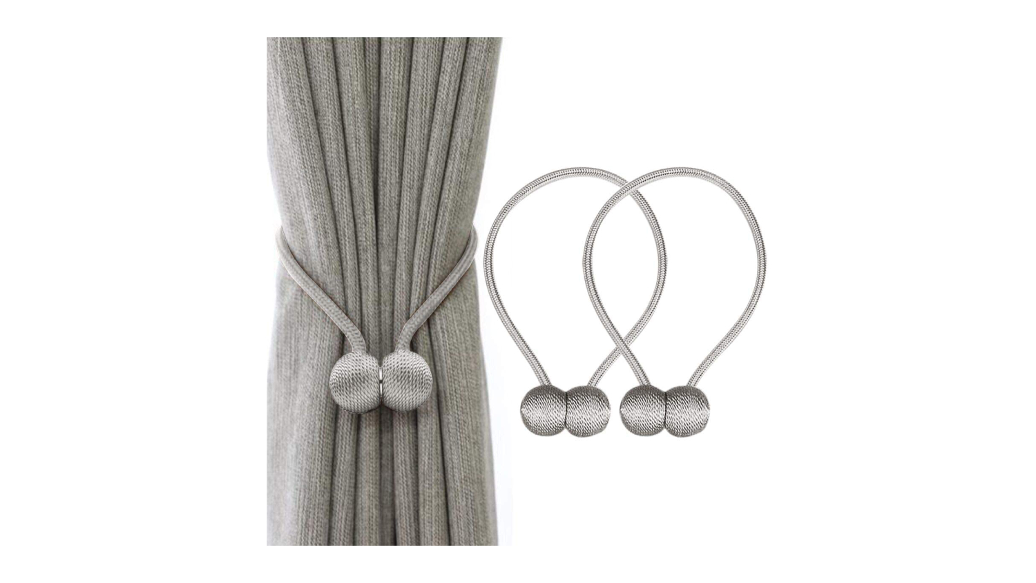 Three silver magnetic curtain ties are shown, one holding a grey curtain and two displayed separately