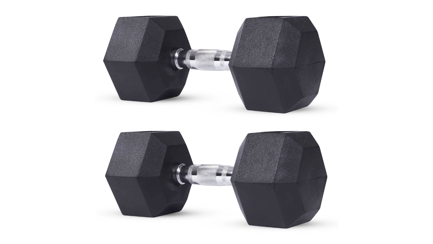 A pair of black rubber hex dumbbells with knurled chrome handles, shown side-by-side