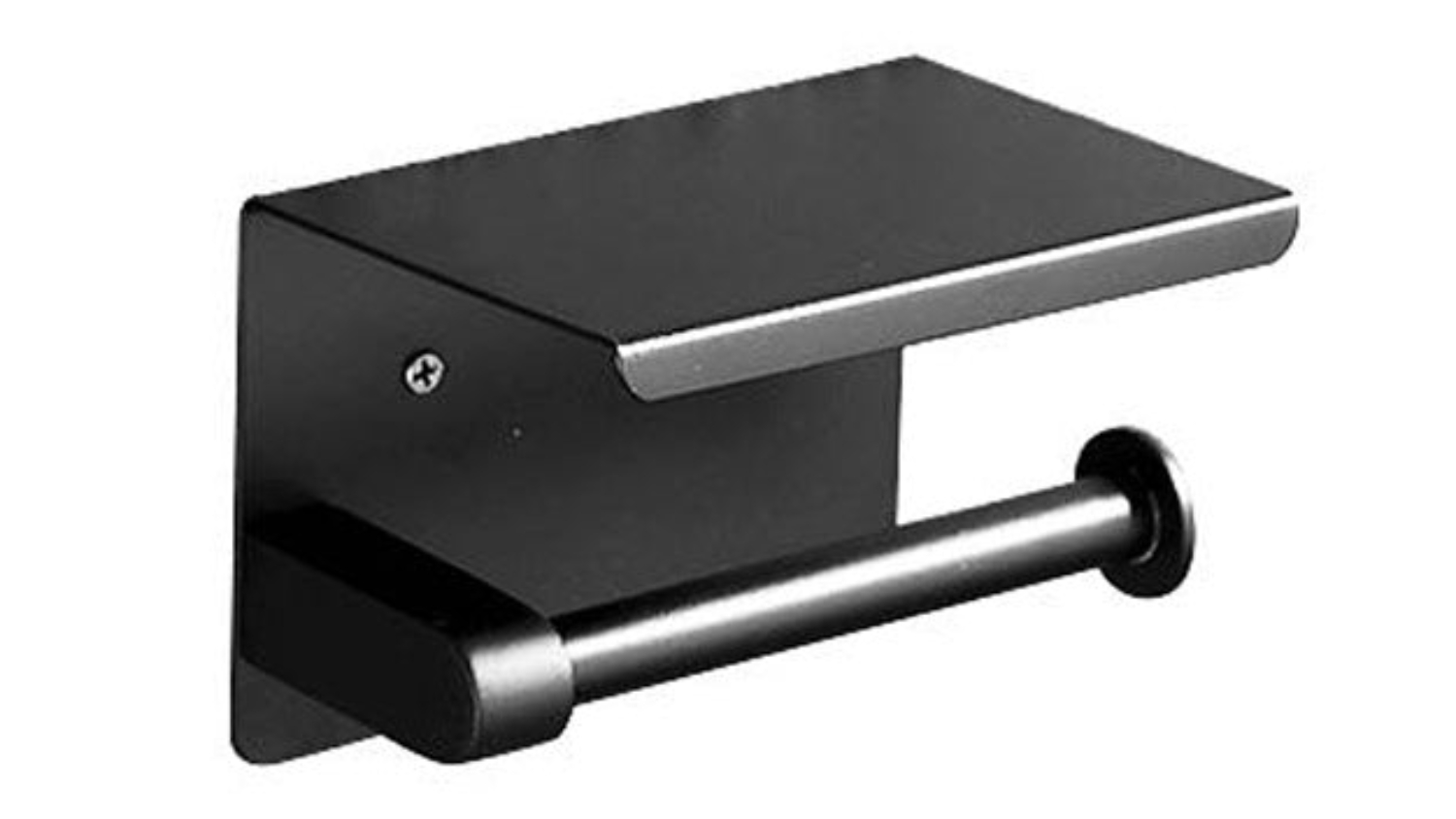 Black stainless steel wall-mounted toilet paper holder with flat top shelf for small items