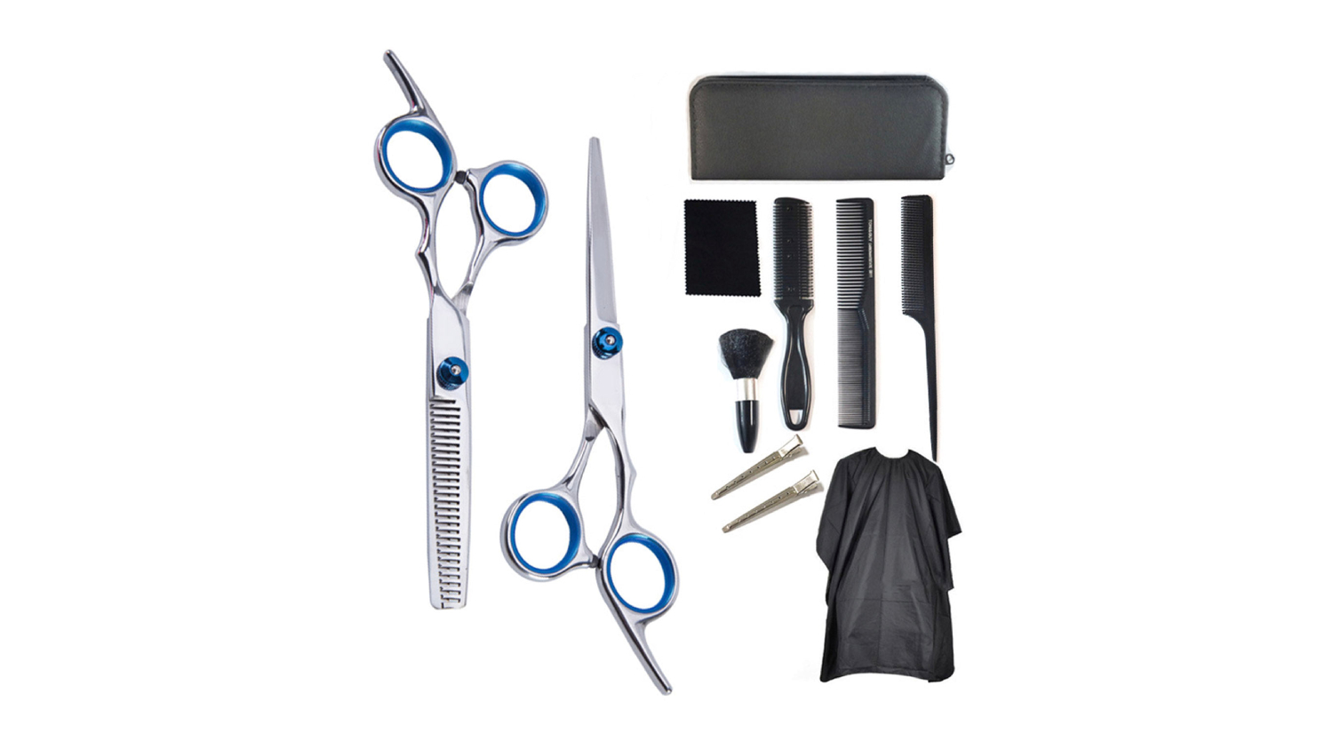 11-piece hairdressing set with two scissors, combs, clips, brush, cape, cleaning cloth, and storage case
