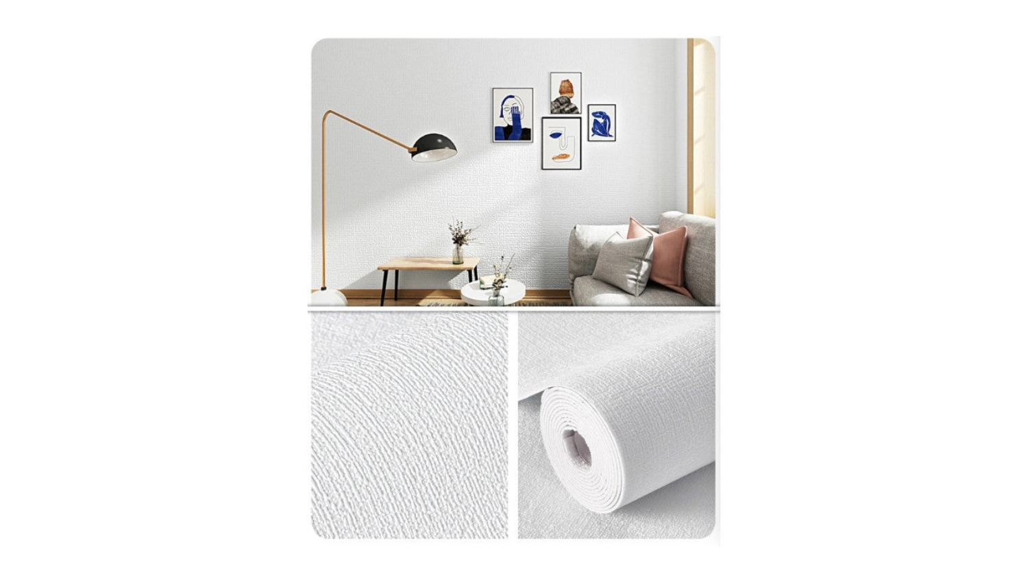 White textured wallpaper roll with close-up detail, shown in a modern living room with sofa, lamp, and framed art