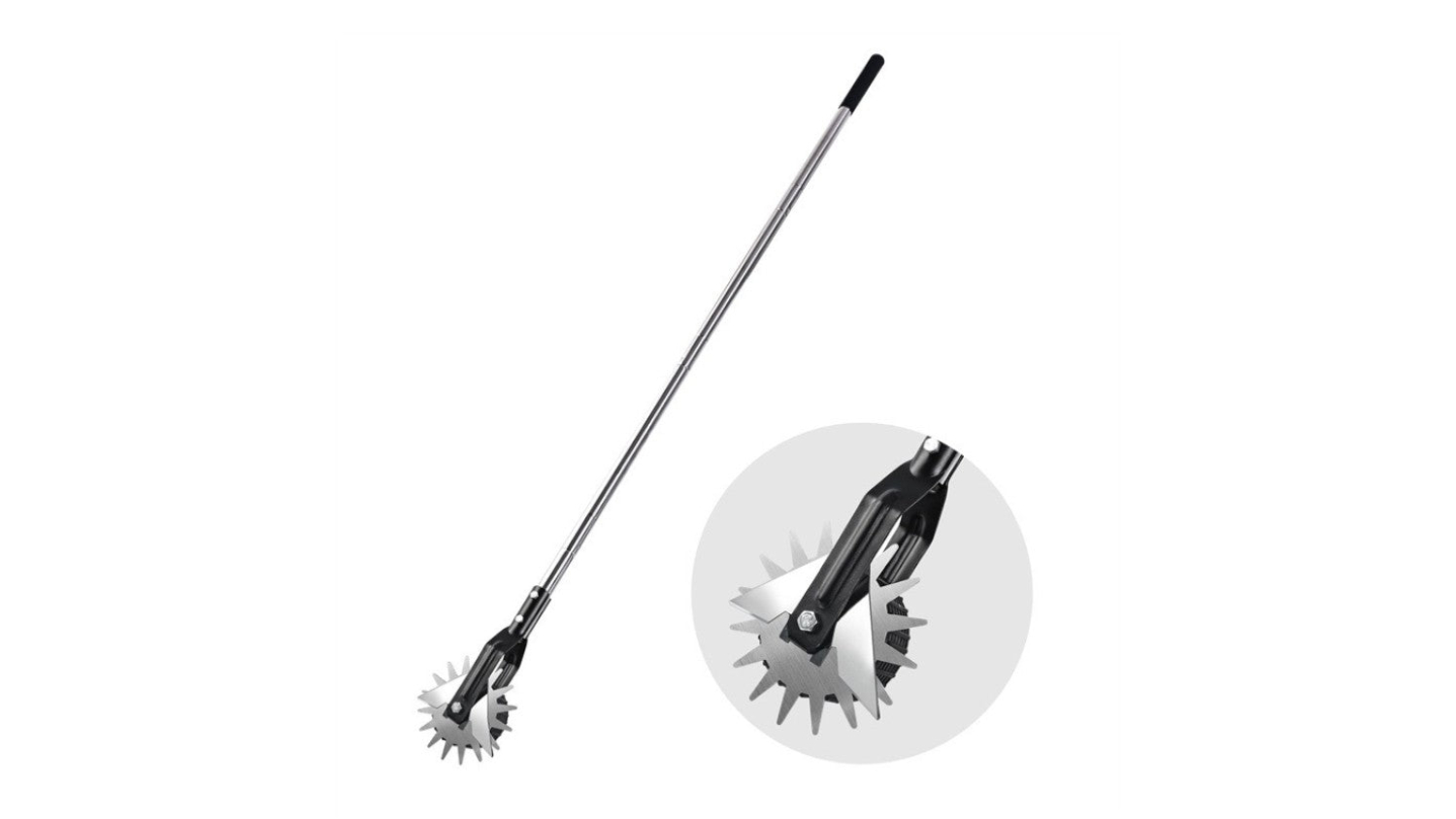 Long-handled rotary garden edger with spiked metal wheel and black grip for trimming lawn edges