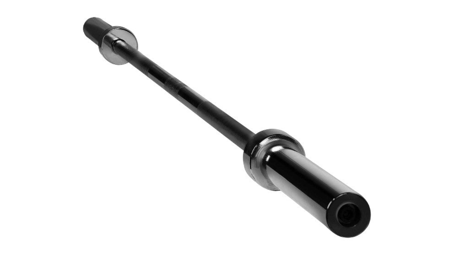 Black Olympic straight barbell bar with knurled grip and rotating sleeves on both ends