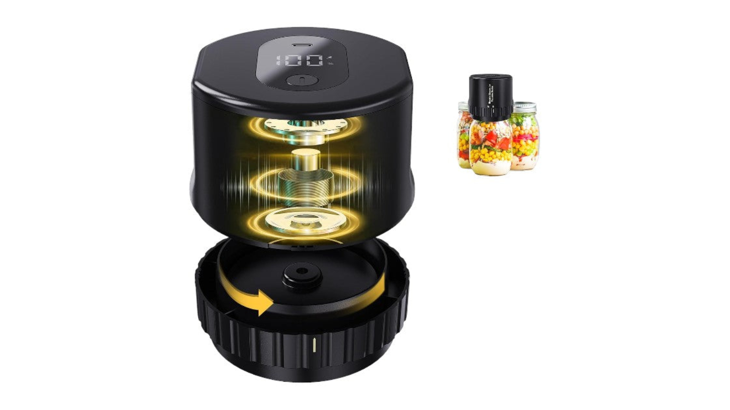Cordless mason jar vacuum sealer with LED display and sealing lid, shown with jars of preserved food