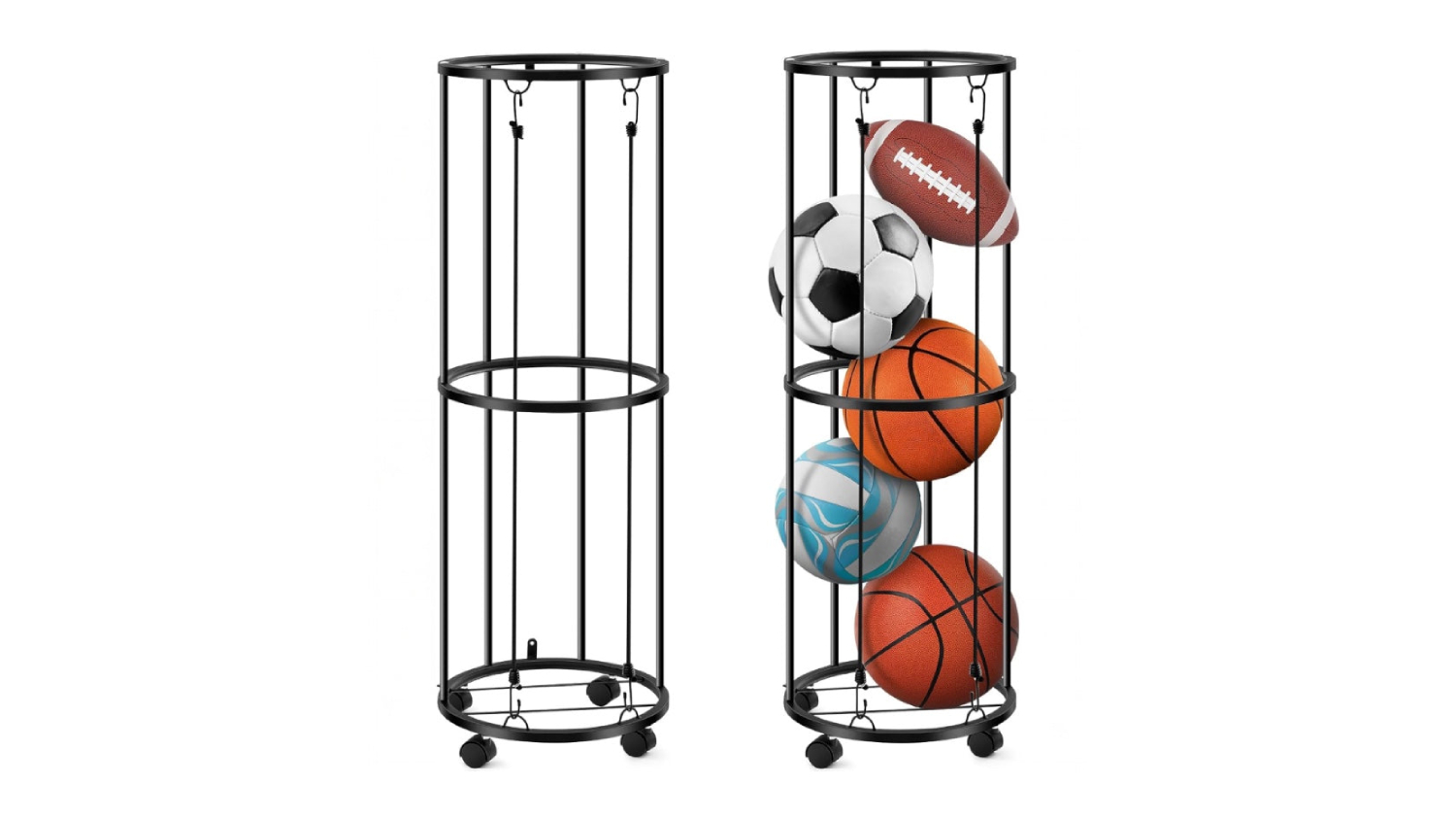 Side-by-side view of the black metal ball storage rack, empty and filled with five different types of sports balls