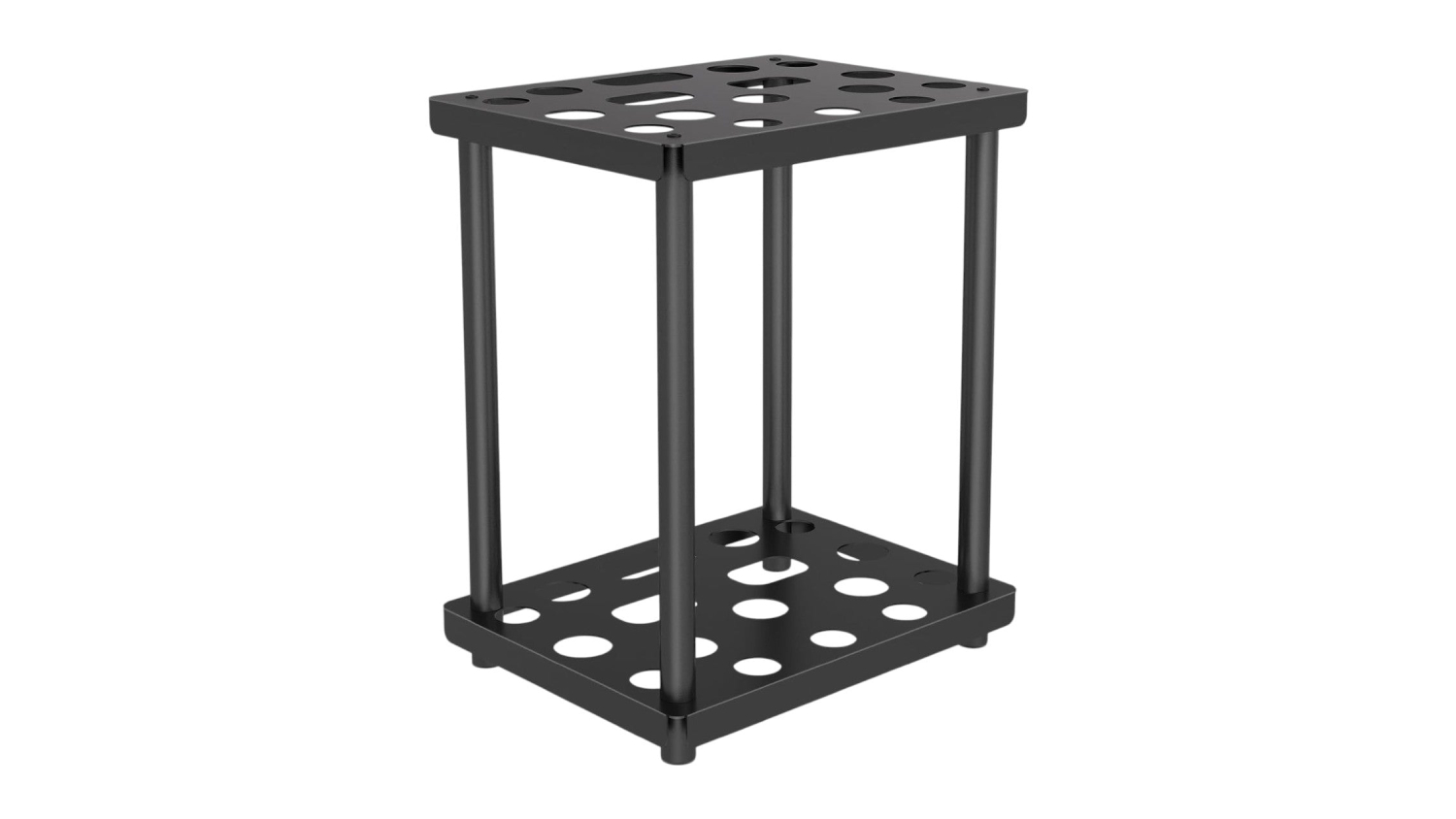 Black metal garden tool rack with two shelves and multiple circular slots for upright tool storage