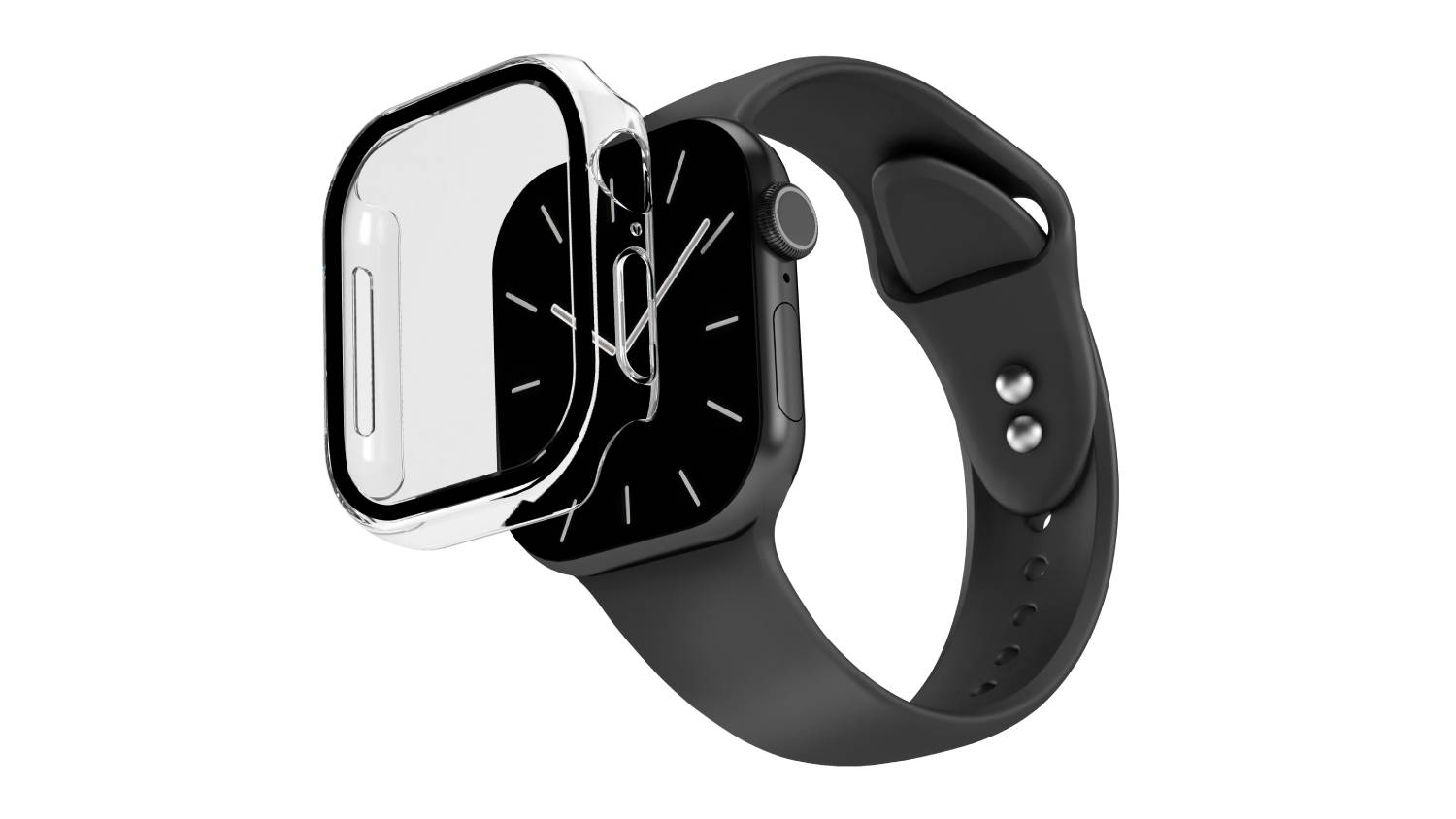 Angled view of the Apple Watch SE with a black band and Cygnett EdgeShield clear case and screen protector above the watch