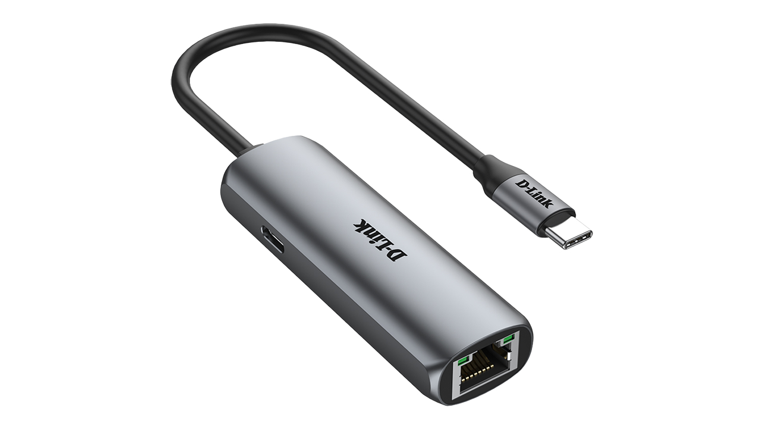 Close-up of the D-Link USB-C 3.1 to 1G Ethernet adapter in silver with a black cable
