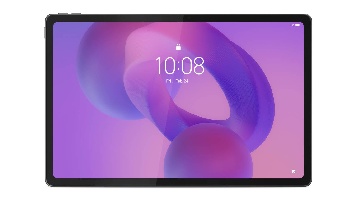 Front view of the Lenovo Idea Tab Plus 12.1-inch tablet with display on, showing a purple and pink abstract wallpaper