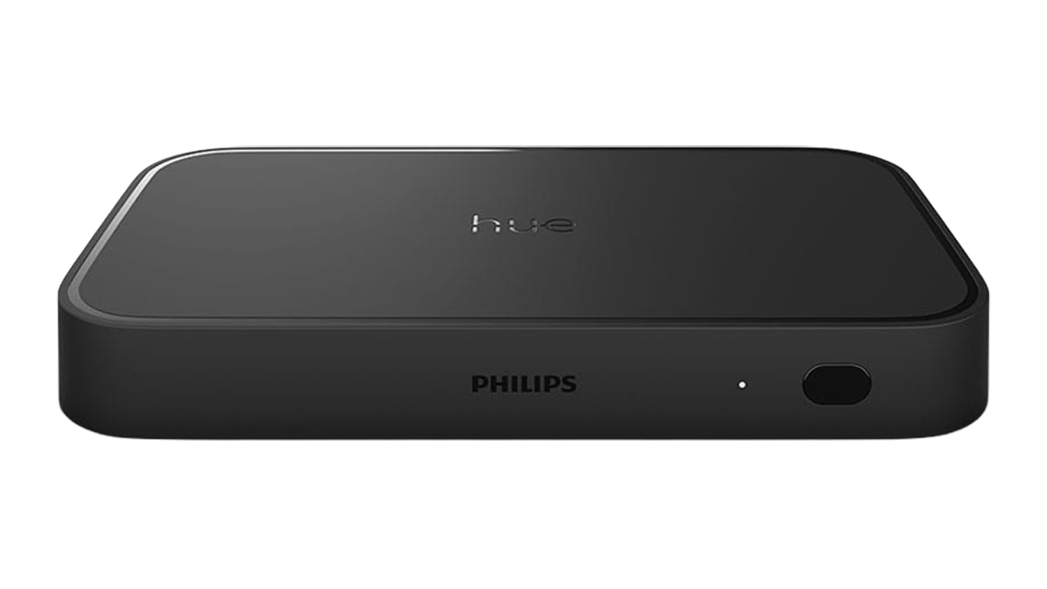 Front view of the Philips Hue Play HDMI 8K Sync Box in black with a rounded rectangular design
